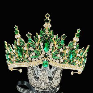 Vintage Crystal Tiara, Gold Wedding Crown, Green Crystal Headpiece, Bridal Crown